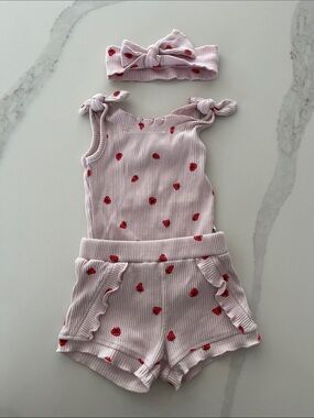 Rabbit & Bear Pink Ribbed Strawberry Shorts and Shirt Set